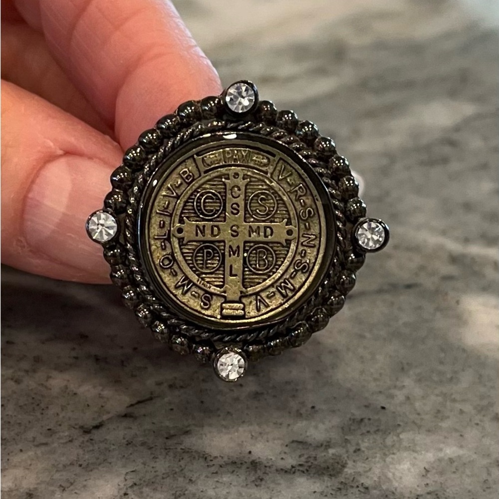 VIRGIN SAINTS & ANGELS GUN METAL SAN BENITO RING, 7.5